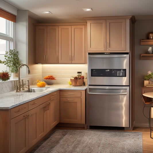 A kitchen corner with a carousel cabinet, a pull-out trash can, and a wall-mounted spice rack, surrounded by sleek countertops and modern appliances, with a warm, inviting lighting.