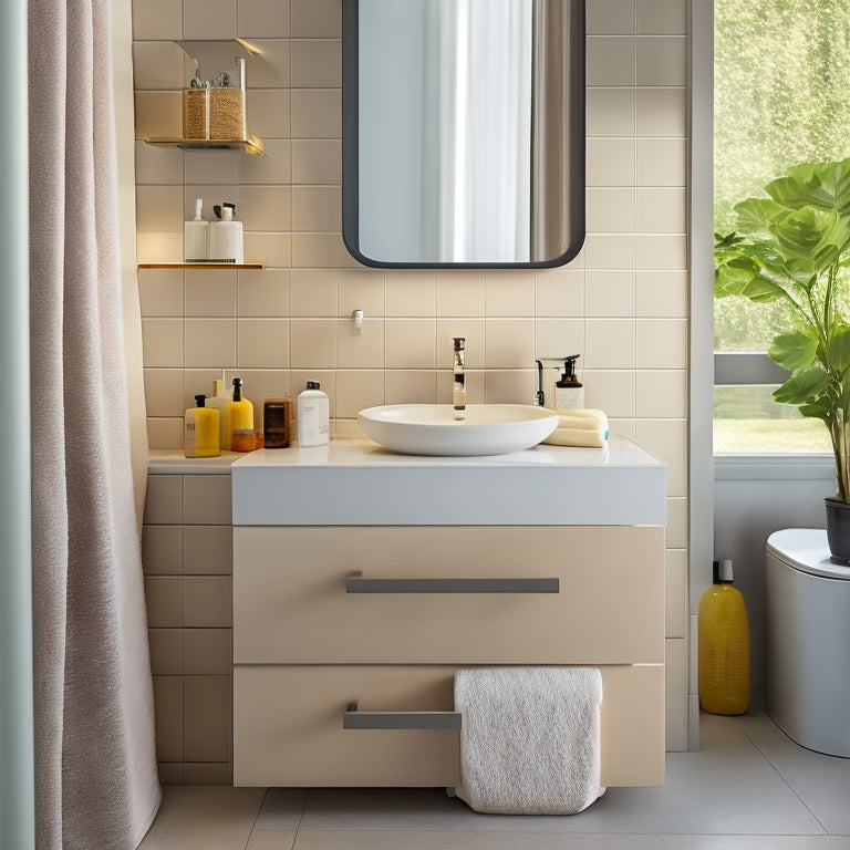 A sleek, modern bathroom sink area with a pedestal sink, wall-mounted faucet, and a slide-out drawer or shelf beneath, holding a neatly arranged collection of toiletries and cleaning supplies.