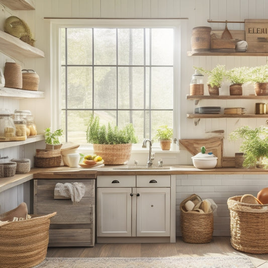 A bright, airy kitchen with open shelving, featuring repurposed mason jars, woven baskets, and a refurbished wooden crate as storage solutions, amidst a warm, inviting background with natural light.