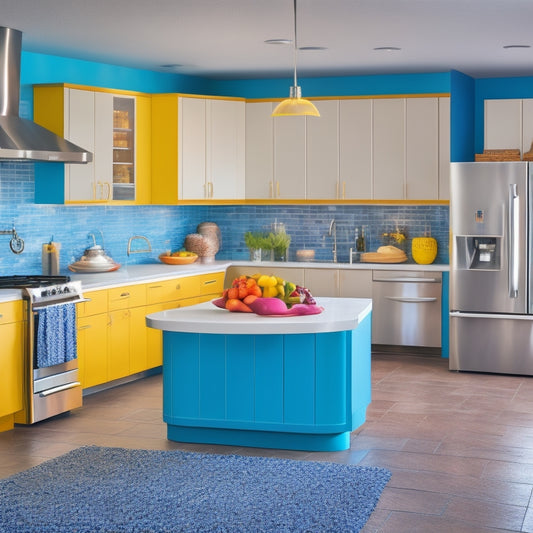 A bright, modern kitchen with sleek countertops and appliances, featuring a large, centralized island with a built-in sink, surrounded by a variety of colorful, drag-and-drop symbols.