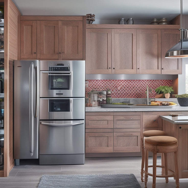 A kitchen corner with a carousel cabinet, a pull-out trash can, and a wall-mounted spice rack, surrounded by sleek countertops and modern appliances, with a warm, inviting lighting.