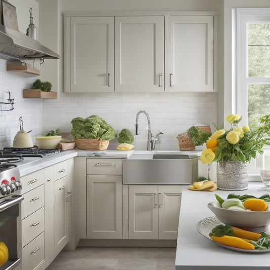 A modern kitchen with cream-colored cabinets, stainless steel appliances, and a Kore sink rack installed, showcasing organized utensils, plates, and cookware, with a few fresh vegetables and a vase of flowers nearby.