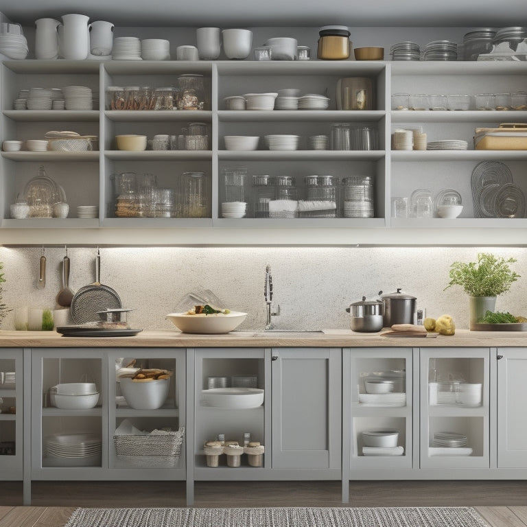 A well-organized kitchen with multiple adjustable dividers in various shapes and sizes, separating utensils, cookware, and ingredients on shelves and in cabinets, with a warm, modern lighting effect.