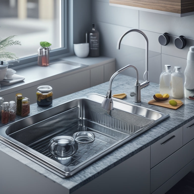 A modern kitchen with sleek countertops, a stainless steel sink, and a Trinity Sliding Undersink Organizer in chrome, filled with neatly arranged cleaning supplies and kitchen utensils, with a subtle warm lighting effect.