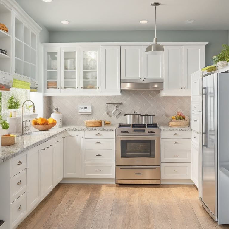 A bright, modern kitchen with sleek, white cabinets featuring pull-out spice racks, slide-out trash cans, and adjustable shelving, alongside a bathroom with a wall-mounted, mirrored medicine cabinet and pedestal sink storage.