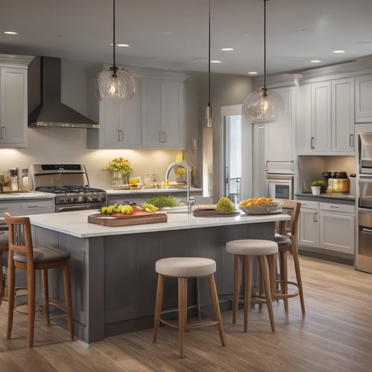 A modern, well-lit kitchen with a central island, sleek appliances, and ample counter space, surrounded by a bustling dining area with a large, circular table and comfortable, cushioned chairs.