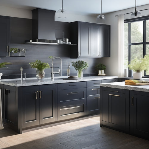 A modern kitchen with sleek, high-gloss cabinets, featuring a large, farmhouse-style sink with a matte black finish, surrounded by polished chrome fixtures and a subtle, LED-lit backsplash.