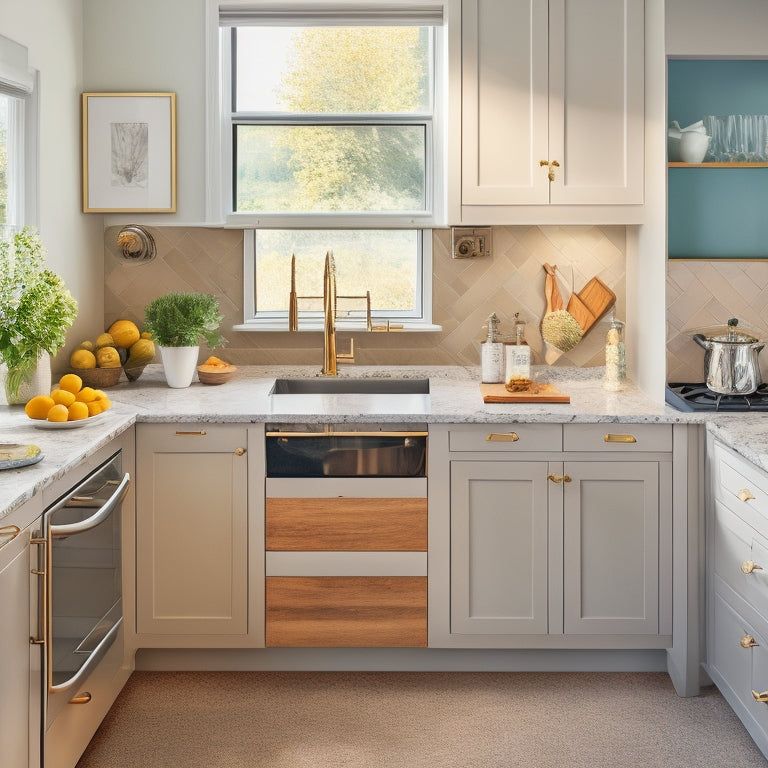 A serene U-shaped kitchen with gleaming countertops, featuring a sink area with a slide-out trash can, a utensil organizer, and a tiered drawer organizer, all in a modern, sleek design.