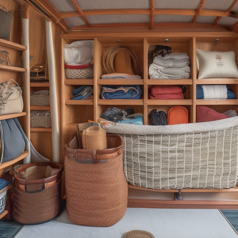 A clutter-free boat cabin with stacked, labeled storage bins and a hammock-style netting system holding life jackets, ropes, and other gear, surrounded by wooden accents and nautical ropes.