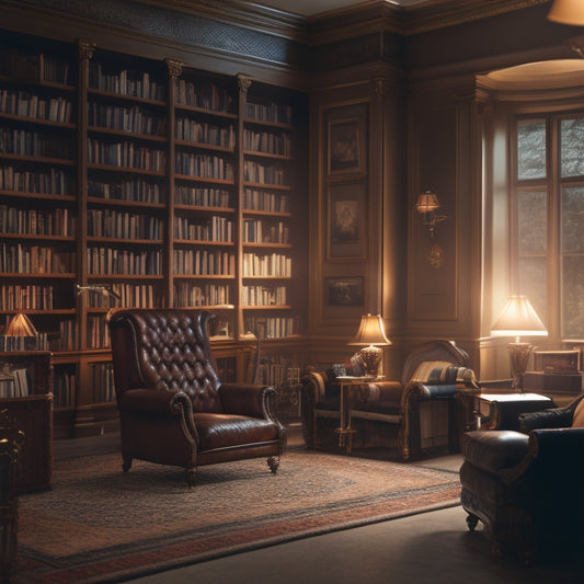 A serene, dimly-lit library with floor-to-ceiling shelves overflowing with books, a plush armchair in the center, surrounded by scattered pages and reading lamps, with warm, golden lighting.