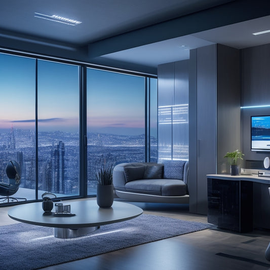 A futuristic, sleek room with a smart home control panel displaying a network of interconnected devices, surrounded by minimalist furniture and subtle LED lighting, with a cityscape visible through the window.