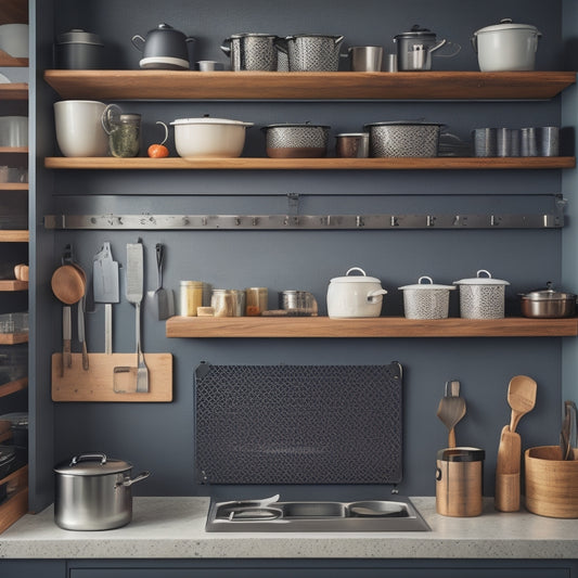 A kitchen cabinet interior with adjustable shelves, soft-close drawer glides, and sturdy metal brackets supporting heavy cookware, alongside a pegboard back panel with hooks holding utensils and accessories.