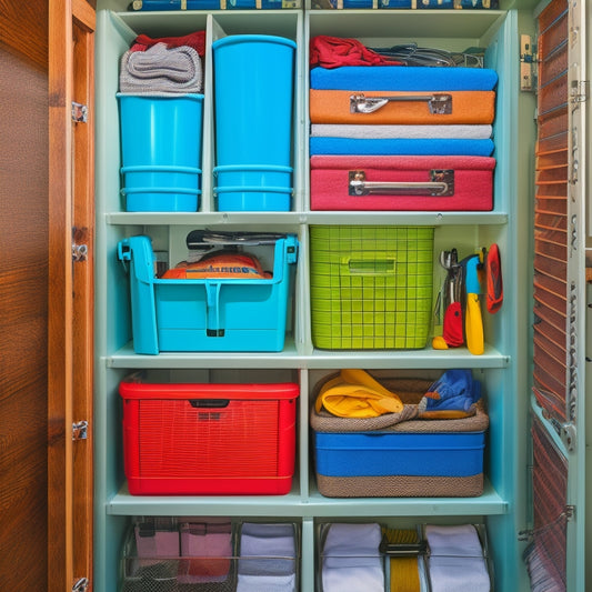 A cluttered boat locker transforms into an organized space: fishing rods stored vertically, bins labeled by category, and a retractable ladder accessing a overhead storage compartment.