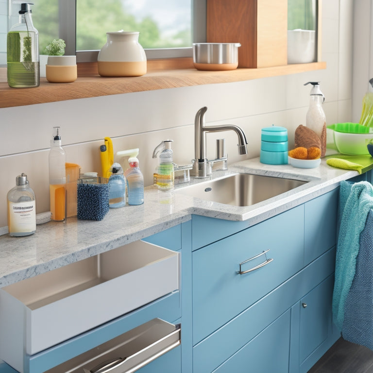 A tidy, modern kitchen sink area with a sleek, stainless steel sink, a Rev-A-Shelf slide-out drawer filled with organized cleaning supplies, and a few decorative soap bottles on the countertop.