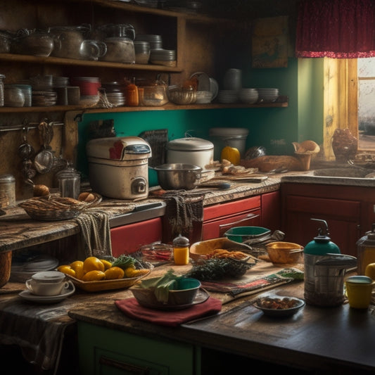 A cluttered kitchen counter with a mix of dirty dishes, expired food, and scattered utensils, amidst a backdrop of worn-out cabinets and a dimly lit atmosphere, conveying chaos and disorder.