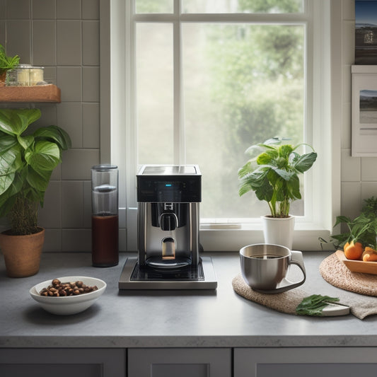 A tidy kitchen countertop with a tablet mounted on a wall, a digital scale, and a smart coffee maker, surrounded by neatly arranged utensils and a few potted plants.