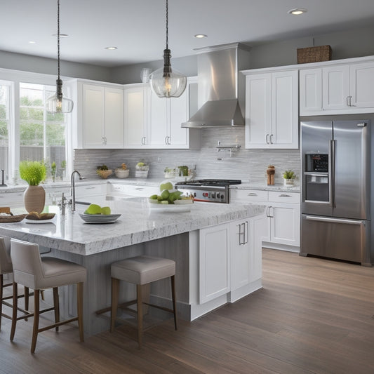 A bright, modern kitchen with creamy white cabinets, dark hardwood floors, and sparkling stainless steel appliances, featuring a large central island with a built-in sink and cooktop.