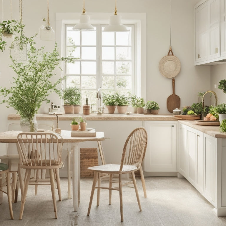 A serene, daylight-filled kitchen with a refurbished white table as an island, paired with mismatched wooden chairs, and a few potted greenery against a backdrop of soft, creamy walls.