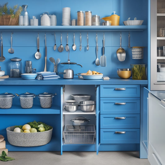 A bright, modern kitchen with open drawers, showcasing a neatly organized array of utensils, cookware, and gadgets, with dividers, baskets, and trays in various colors and shapes.