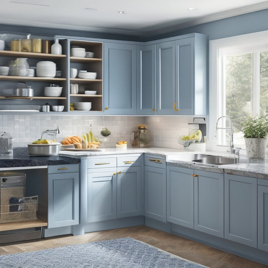 A bright, modern kitchen with sleek countertops, featuring a pull-out pantry with labeled baskets, a wall-mounted utensil organizer, and a carousel corner cabinet with glass shelves.