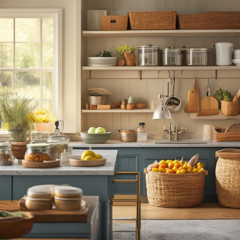 A tidy kitchen with open shelves, baskets, and labeled jars, featuring a central island with a built-in utensil organizer and a few artfully placed cookbooks, set against a calm, creamy backdrop.