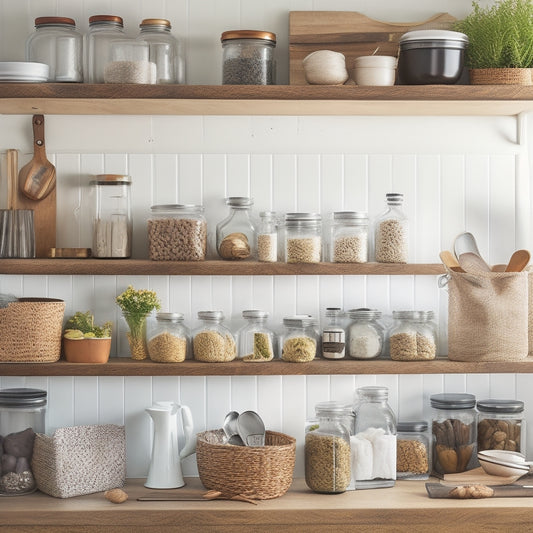 A cluttered kitchen with utensils and ingredients scattered on countertops, transformed into an organized space with labeled jars, a utensil organizer, and a pegboard, all in a warm, natural light.