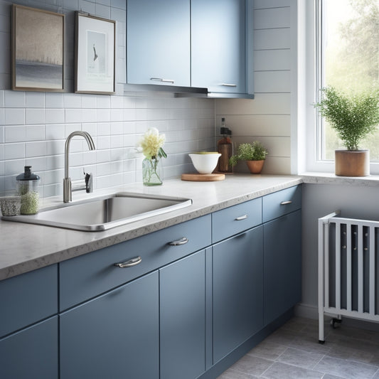 A tidy, modern kitchen with a sleek under-sink area featuring a pull-out drawer, a pedestal sink, and a wall-mounted, adjustable shelf holding a soap dispenser and a small trash can.