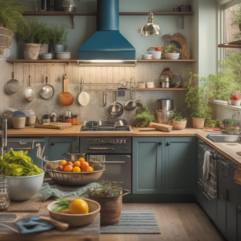 A cluttered small kitchen with utensils and appliances scattered around, contrasting with a tidy and organized kitchen in the background, featuring a compact island, hanging pots, and a sleek backsplash.