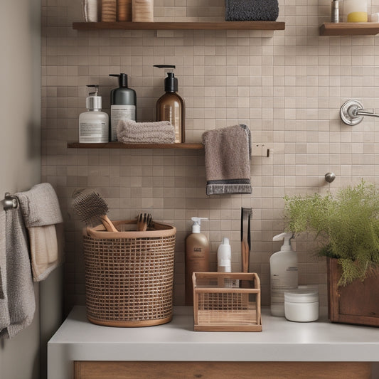 A tidy under-sink area with a repurposed wooden crate or woven basket mounted on the wall, holding various hair care tools and products, surrounded by neutral-toned tiles and a sleek faucet.