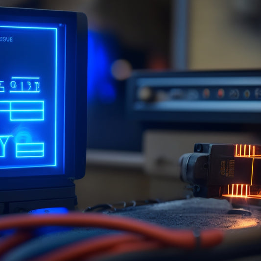 A close-up of a heating tool's digital display screen showing a flashing error code, surrounded by tangled wires, sparks, and smoke, with a blurred-out workshop background.