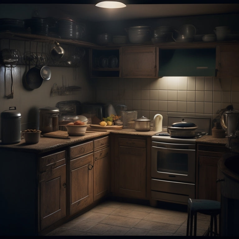 A dimly lit kitchen with a single cabinet door slightly ajar, revealing a cluttered interior with expired food, dusty utensils, and forgotten appliances, surrounded by eerie shadows and faint dust particles.