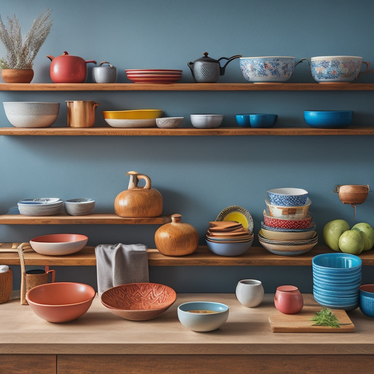 A tidy kitchen countertop with a mix of wooden and ceramic plates and bowls stacked and arranged on a wall-mounted plate rack, next to a set of open shelves with colorful ceramic bowls.