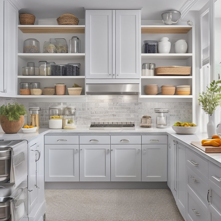 A modern kitchen with sleek, white cabinets and stainless steel appliances, featuring a pull-out pantry with organized jars and baskets, and a utensil organizer on the wall with hanging pots and pans.