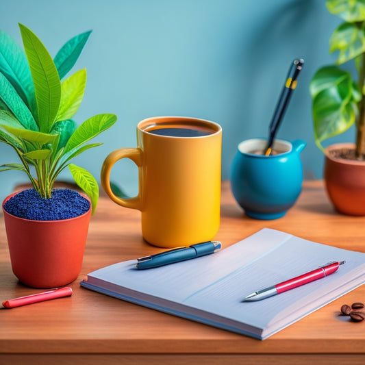 A minimalist desk setup with a variety of colorful paper planners, pens, and sticky notes, surrounded by a few potted plants and a warm cup of coffee on a wooden background.