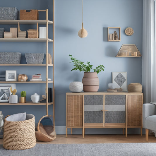 A tidy, modern room with a variety of corner storage solutions: floating shelves, woven baskets, a rotating carousel, and a triangular cabinet, all showcasing organized items like books, vases, and decorative objects.