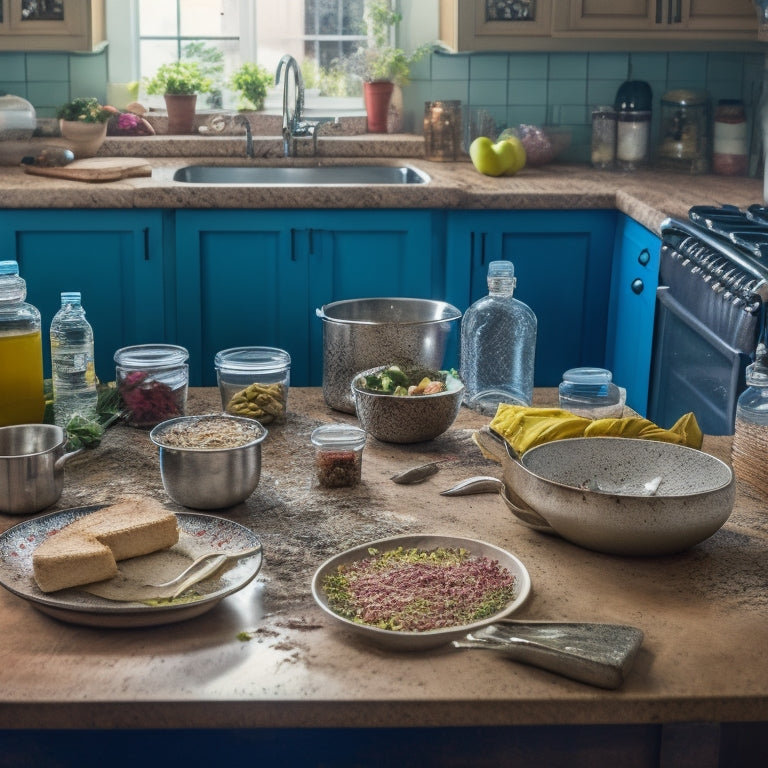 A messy kitchen scene with countertops cluttered with dirty dishes, expired food, and scattered utensils, alongside a sink filled with water and floating food scraps, and a single, empty, clean plate in the corner.