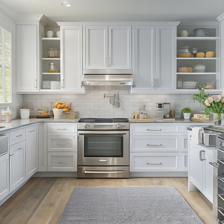 A modern kitchen with white cabinets, gray countertops, and stainless steel appliances, featuring a Rev-A-Shelf Chrome Organizer with tiered baskets and slide-out drawers, maximizing storage space.