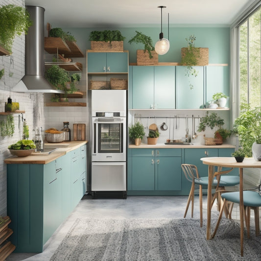 A bright, modern kitchen with a small footprint, featuring a wall-mounted pot rack, a foldable kitchen island, and a compact refrigerator with a pegboard on the side, surrounded by lush greenery.