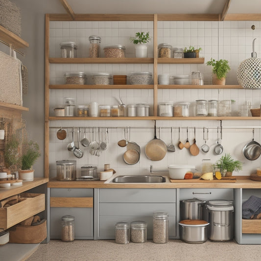 A tidy kitchen with a mix of open and closed storage solutions, including a pegboard with hanging utensils, a kitchen cart with baskets, and a wall-mounted spice rack with clear jars.