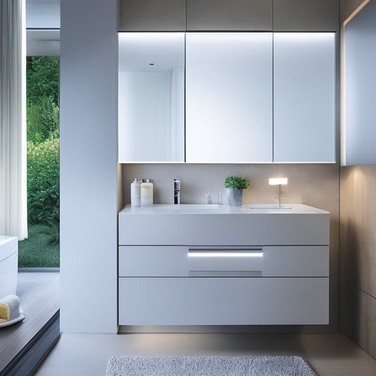 A modern bathroom with a wall-mounted, LED-lit, mirrored cabinet above a sleek, white vanity, featuring pull-out drawers and a recessed, hidden storage compartment behind a sliding glass panel.