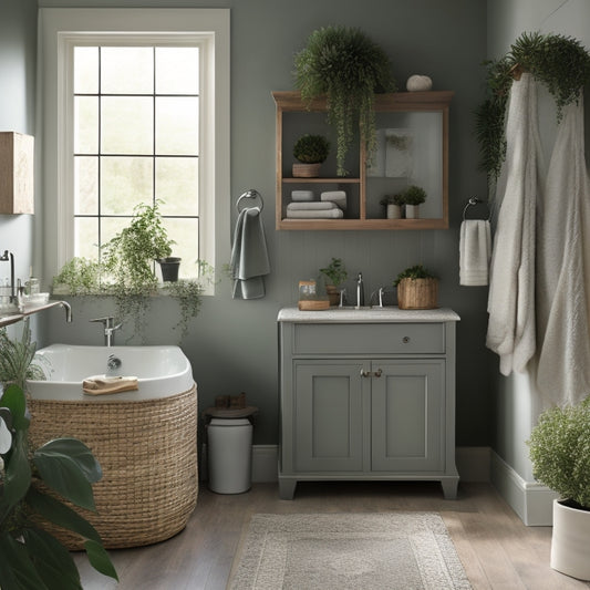 A serene bathroom with a wall-mounted cabinet featuring glass doors, a freestanding tub surrounded by candles, and a built-in shelving unit with woven baskets and potted greenery.