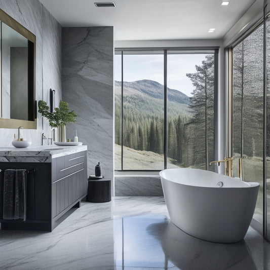 A serene bathroom with a freestanding tub, surrounded by walls clad in large-format, silver-veined white marble slabs, and a countertop featuring a waterfall edge in rich, dark-quartzite.
