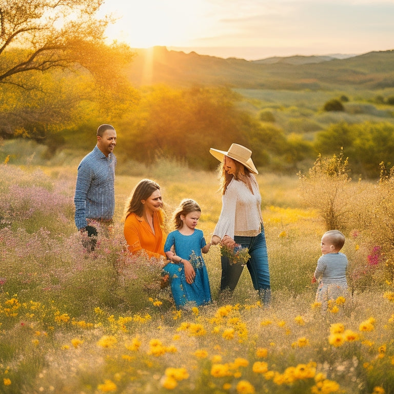 A warm, sunny landscape in Texas Hill Country featuring a diverse family of four (two adults, one toddler, and one infant) embracing and smiling, surrounded by blooming wildflowers and a subtle, supportive network of interconnected threads.