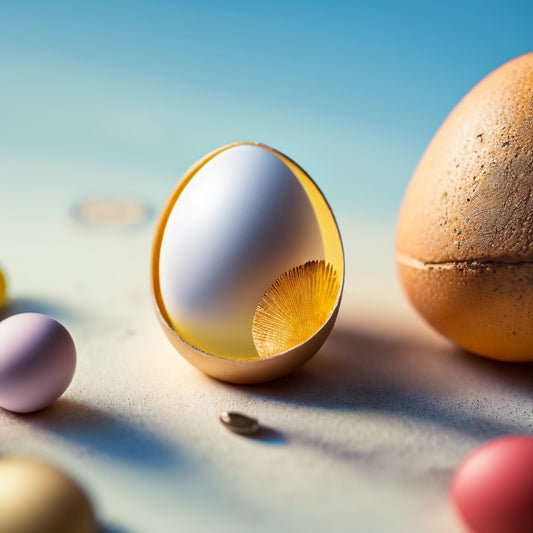 A cracked egg with a tiny magnifying glass hovering above it, surrounded by miniature cryptic symbols and codes etched into the shell, on a clean, white, and minimalist background.