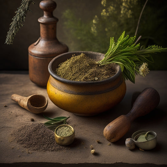 A warm, golden-lit still life featuring a worn wooden mortar and pestle, surrounded by scattered dried herbs, and a few sprigs of fresh rosemary and thyme on a distressed, earth-toned background.