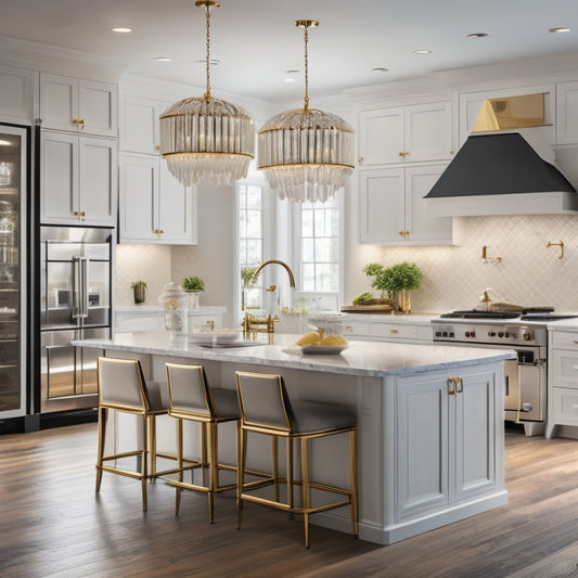 A luxurious modern kitchen with sleek white cabinets, gold accents, and a large island, illuminated by a stunning chandelier, set against a backdrop of dark hardwood floors and floor-to-ceiling windows.