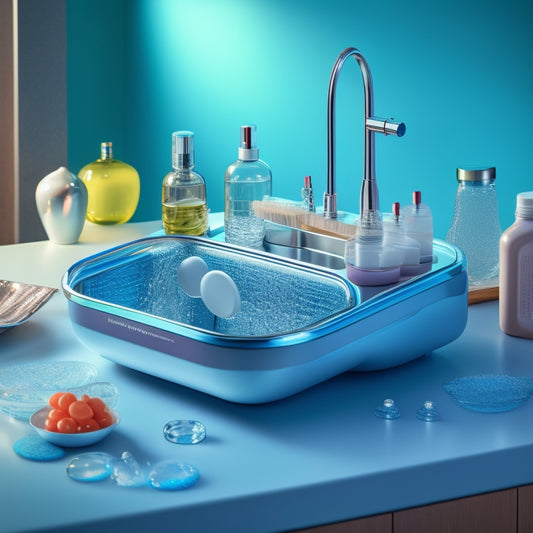 A modern kitchen sink with a sleek, silver caddy attached to the underside, featuring multiple suction cups and a built-in soap dispenser, surrounded by sparkling water droplets and a few soap bubbles.