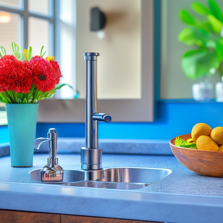 A modern kitchen sink with a gleaming faucet, surrounded by Amazon's top-rated accessories: a soap dispenser, scrubber, and sponge holder, all in a sleek, matching stainless steel finish.