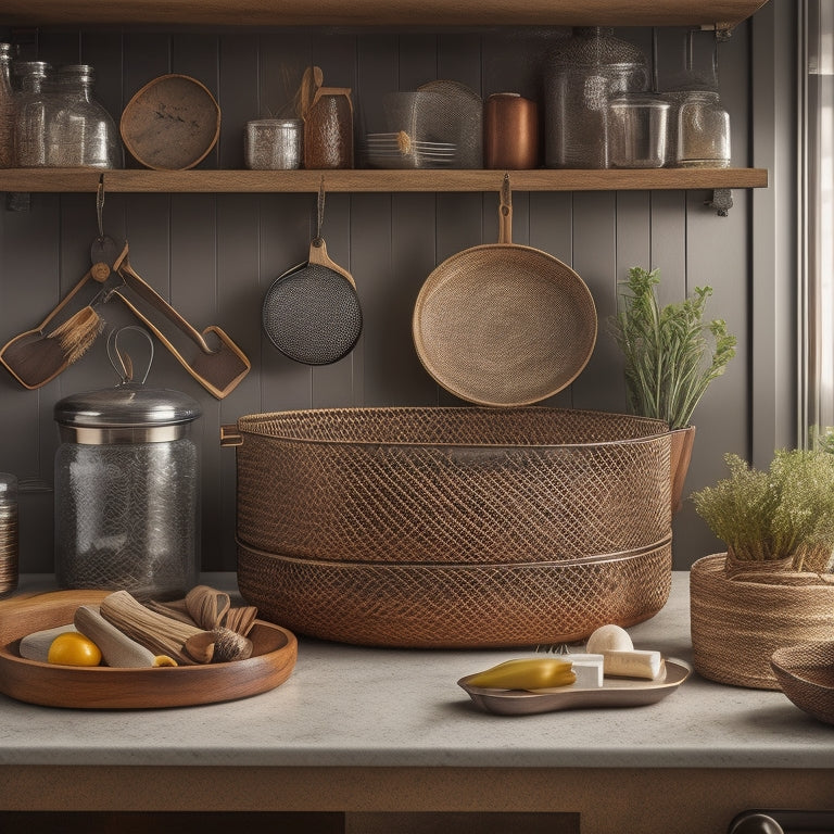 A stylized, well-lit kitchen countertop with a mix of wooden and metal organizational tools, including a tiered spice rack, a utensil holder, and a woven basket, all neatly arranged and clutter-free.