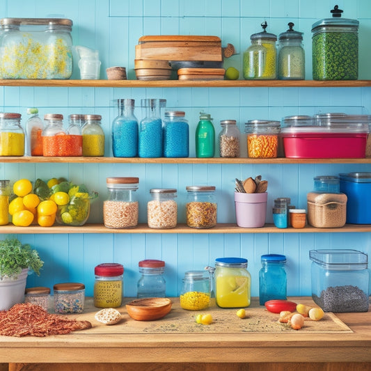 A cluttered kitchen counter with a mess of containers and utensils, transformed into an organized space with repurposed Tupperware, Mason jars, and a pegboard, with a few well-placed labels.